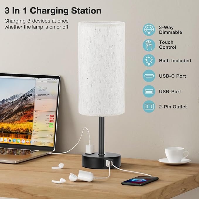 Light Beige Table Lamp for Nightstand - 3 Way Dimmable Bedside Lamp for Bedroom with USB C A Charging Ports and AC Outlet, Small Desk Lamp with Black Base for Living Room, Office, LED Bulb Included - LeafyLoom