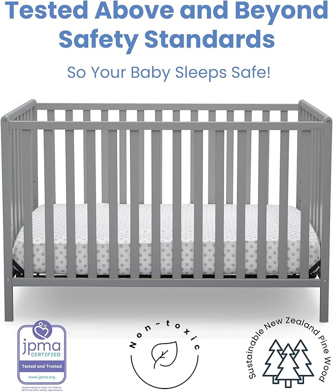 Delta Children Heartland 4-in-1 Convertible Crib, Grey + Delta Children Twinkle Galaxy Dual Sided Recycled Fiber Core Crib and Toddler Mattress (Bundle) - LeafyLoom