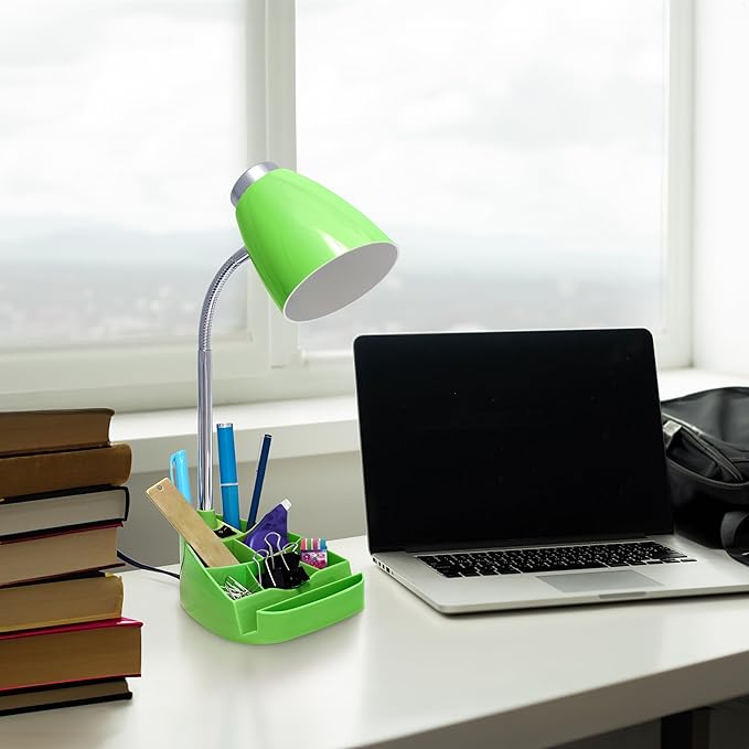 Simple Designs LD1067-GRN Compartmental Desk Lamp with iPhone/iPad/Tablet Stand, Bendable Gooseneck, for Office, Living Room, Nightstand, Library, Entryway, Green - LeafyLoom