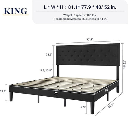 Allewie King Size Bed Frame Upholstered Platform Bed with Adjustable Headboard, Button Tufted, Wood Slat Support, Easy Assembly, Black - LeafyLoom