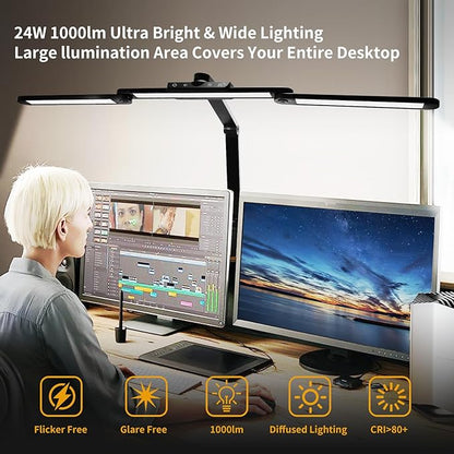 Desk Lamp with Hand-Sweep Sensor Desk Lamps for Home Office Desk Lamp with Clamp with 2 USB C+A Ports 24W LED Desk Light Clip On Desk Lamp with Timer, 3 Colors, 7 Brightness Dimmable Lamp For Desk - LeafyLoom