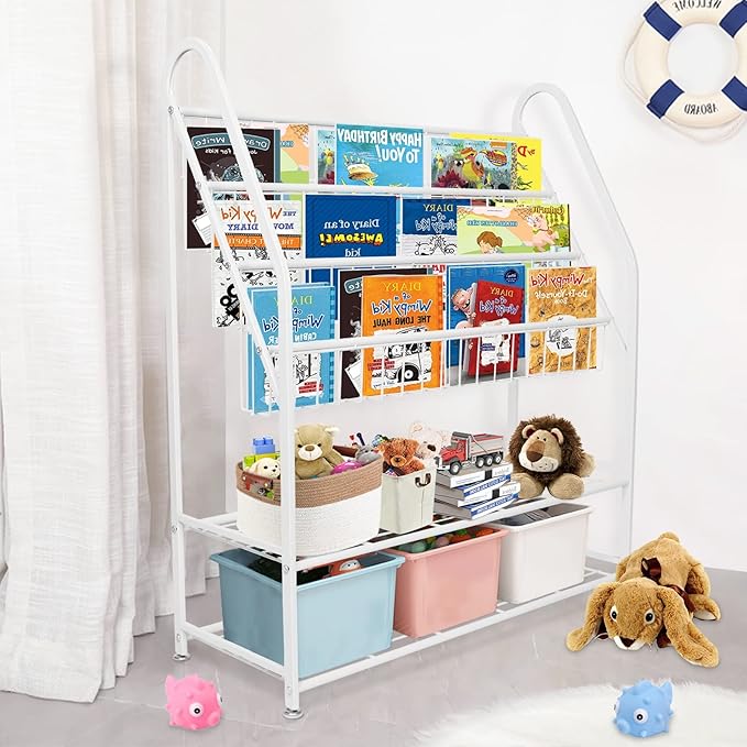 aboxoo Metal Kids Bookshelf Freestanding Bookcase for Children Room 32 in Large Toy Organizer Modern MinimalistWhite Stable Metel Bookstore Bedroom, Living, Library Book Unit Storage - LeafyLoom