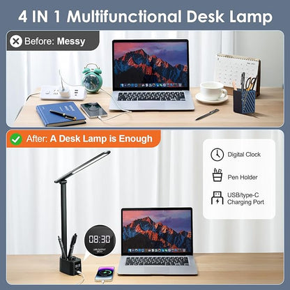 Desk Lamp for College Dorm Room,55 Lighting Modes Dorm Lamp for Dorm Desk Lamp,700 Lumen LED Desk Lamp with USB Charging Port,Desk Light with Clock+Pen Holder,Desk Lamps for Home Office Lamp for Desk - LeafyLoom