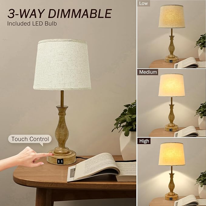 Farmhouse Table Lamp Touch Control 3-Way Dimmable Table Lamp, Modern Nightstand Lamp with 2 USB Port Bedside Desk Lamp with Fabric Shade for Living Room Bedroom Hotel (Pack-01A) - LeafyLoom