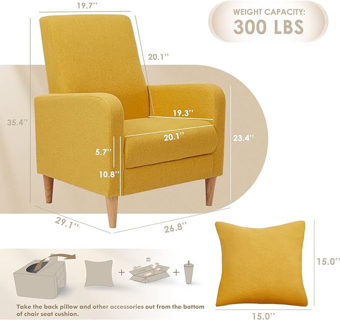 COLAMY Modern Upholstered Accent Chair Armchair with Pillow, Fabric Reading Living Room Side Chair,Single Sofa with Lounge Seat and Wood Legs, Yellow - LeafyLoom