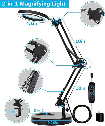 8X Desk Magnifying Glass with Light, NUEYiO 2-in-1 Heavy Duty Base&Clamp Magnifying lamp, 4.1'' Real Glass Len, 3 Color Stepless Dimmable LED Lighted Magnifier Glass for Soldering Crafts Sewing - LeafyLoom
