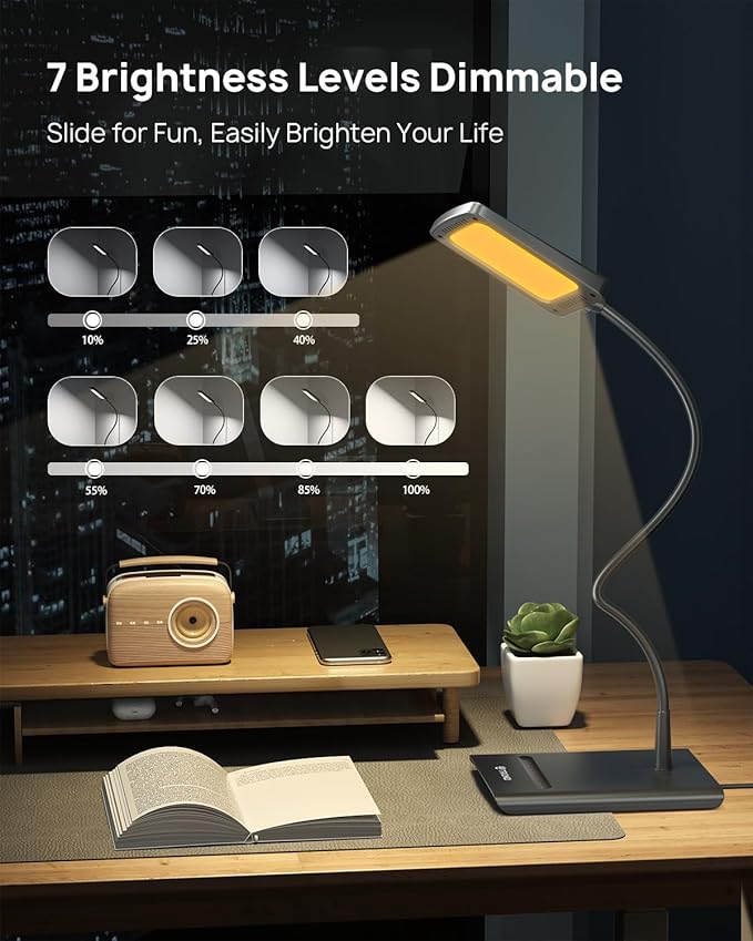 TROND Desk Lamp, Bright Dimmable Eye-Caring Table Lamp, 3 Color Modes 7 Brightness Levels, Flexible Gooseneck, Touch Control, Memory Function, Desk Light for Home Office Dorm Room Essentials - LeafyLoom