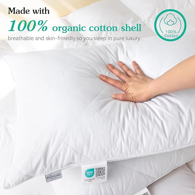 Three Geese White Goose Feather Bed Pillows Standard Size Set of 1- Soft 600 Thread Count 100% Cotton, Medium Firm,Soft Support Surround Fill Polyester (Standard Size:Pack of 1) - LeafyLoom