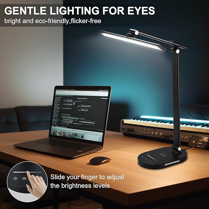 LED Desk Lamp with Wireless Charger, USB Charging Port, Touch Control, 5 Color Modes, 5 Brightness Level, Eye-Caring Desk Lamp for Study Reading, 1H Timer, Home Office Table Lamp - LeafyLoom