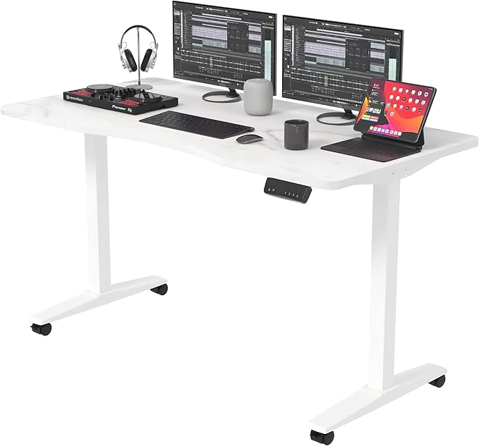 Monomi Height Adjustable Electric Standing Desk, 55 x 28 Inches Stand up Desk, Sit Stand Home Office Computer Desk(White Frame+Marble White Top) - LeafyLoom