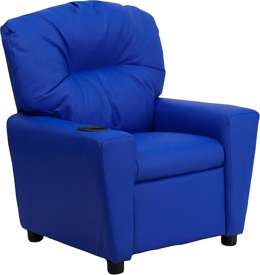 Flash Furniture Chandler Vinyl Kids Recliner with Cup Holder and Safety Recline, Contemporary Reclining Chair for Kids, Supports up to 90 lbs., Blue - LeafyLoom