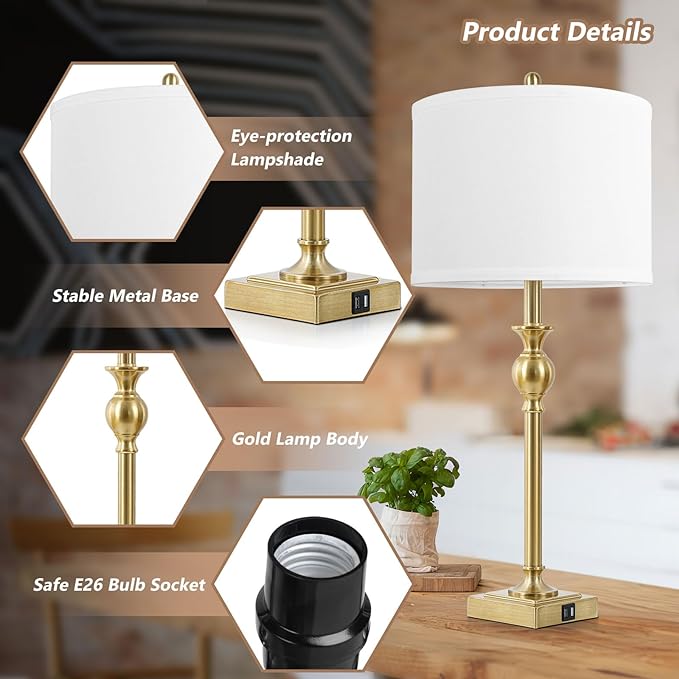 TOBUSA 28” Gold Table Lamps Set of 2, Tall Bedside lamps with Dual USB Charging Ports, Modern Nightstand Lamps with Square Brass Base and White Fabric Shade for Living Room, Bedroom(No E26 Bulbs) - LeafyLoom