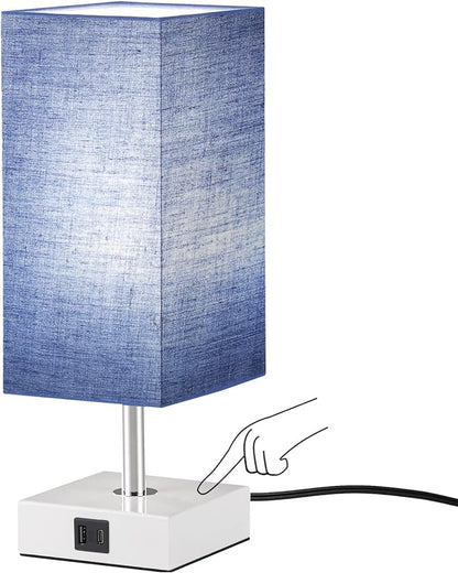 Ambimall Blue Table Lamp with USB Ports - 3 Way Touch Lamps Beside Desk, Nightstand Lamp for Bedrooms Living Room, Blue Shade with White Base, LED Bulb Included(Blue) - LeafyLoom