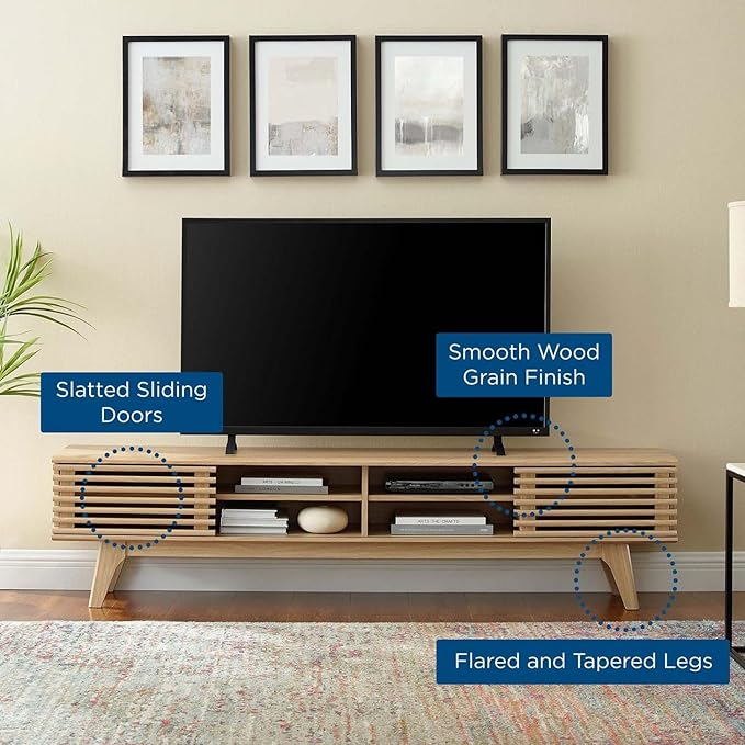 Modway Render Mid-Century Modern Low Profile 70 Inch Media Console TV Stand in Oak, 70" - LeafyLoom