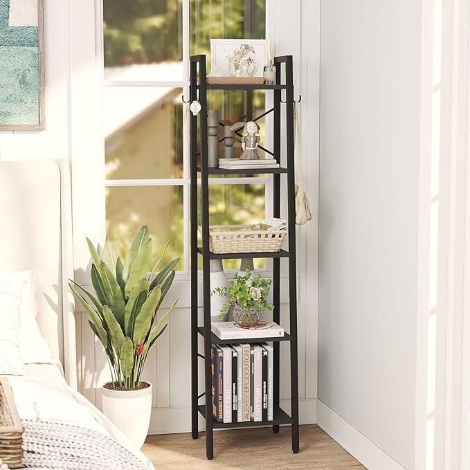 YMYNY 5 Tiers Ladder Bookcase, Industrial Narrow Bookshelf, Open Display Rack with 4 S Hooks, Metal Storage Shelves for Bedroom, Home Office, Living Room, Black, 63H*13.4L*11.8W, UHBC025B - LeafyLoom