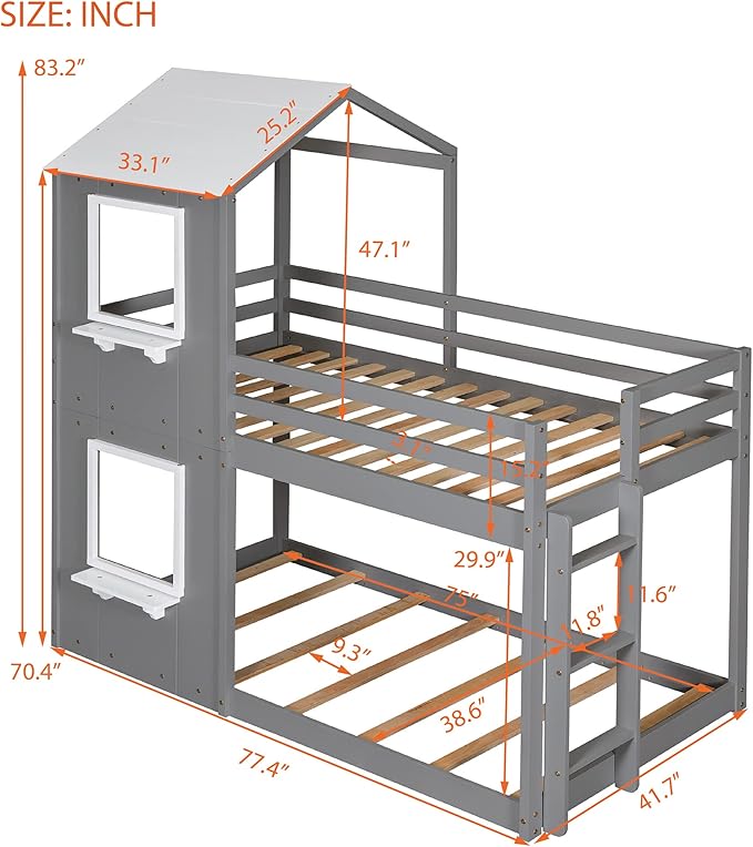 Twin Over Twin House Bed, Solid Wood Bunk Bed with Roof, Window, Guardrail and Ladder for Kids Teens Boys Girls, Ideal Bedroom Furniture, Gray - LeafyLoom