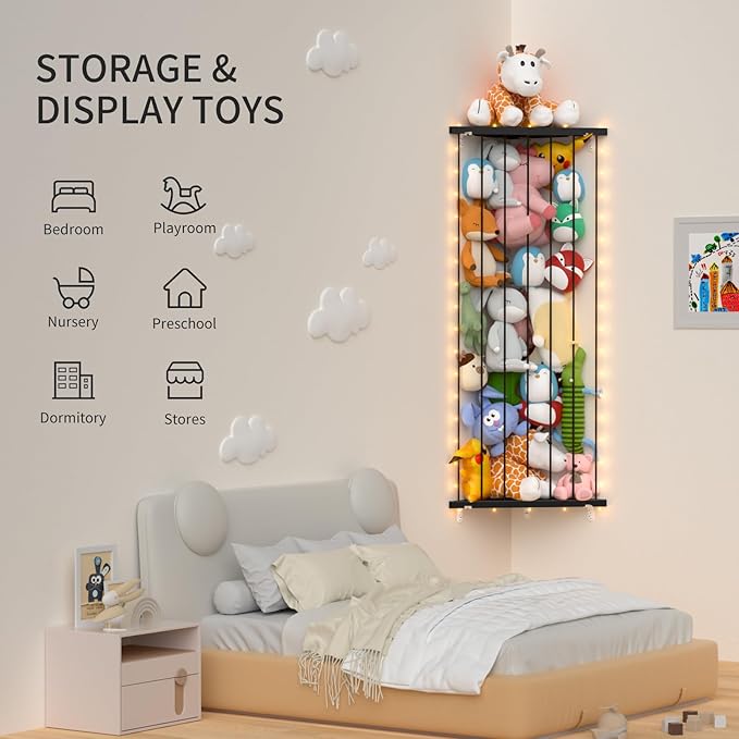 Stuffed Animal Storage Toy Organizer: Corner Stuff Animals Holder for Wall with LED Light - Kids Plush Toys Storage with Adjustable Length for Nursery Playroom Bedroom Kids Room(Black) - LeafyLoom