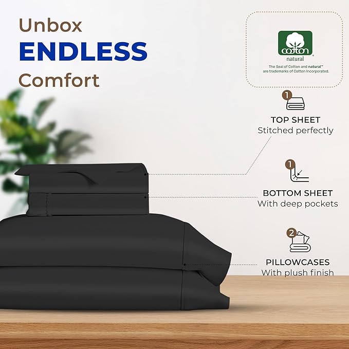 THREAD SPREAD 100% Egyptian Cotton Sheets California King Size - 600 Thread Count 4 PC Luxury Sheets Cal King Size, Soft, Cooling Hotel Luxury Bed Sheets & Pillowcases, Fits Mattress upto 18" - Black - LeafyLoom