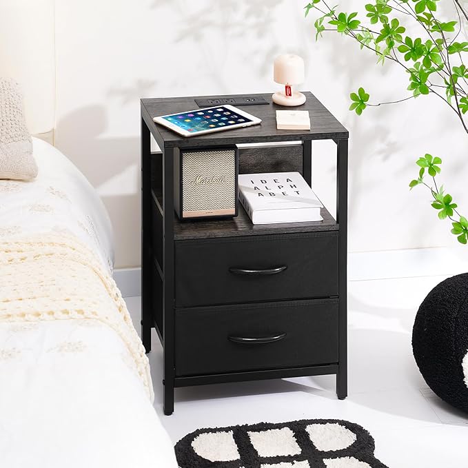 Yoobure Nightstand with Charging Station, Small Night Stand with Fabric Drawers and Storage Shelf for Bedrooms, Nightstands for Small Spaces, Bedside Table with USB Ports & Outlets, Bed Side Table - LeafyLoom