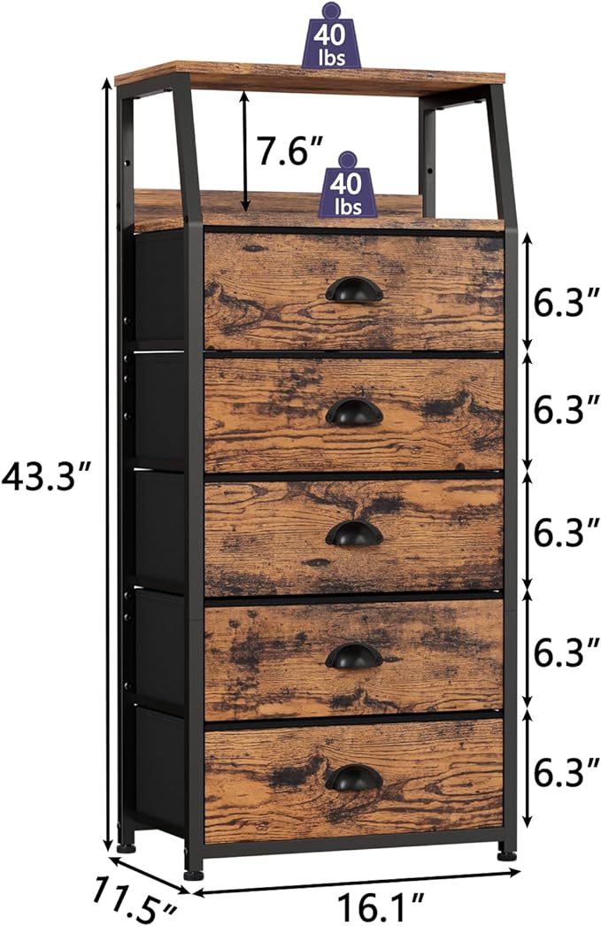 Furnulem Tall 5 Drawers Dresser, Vertical Storage Tower Fabric Dresser for Bedroom, Hallway, Entryway, Nursery, Closet Organizer, Nightstand Bedside Table Furniture, Sturdy Steel Frame, Wood Top - LeafyLoom