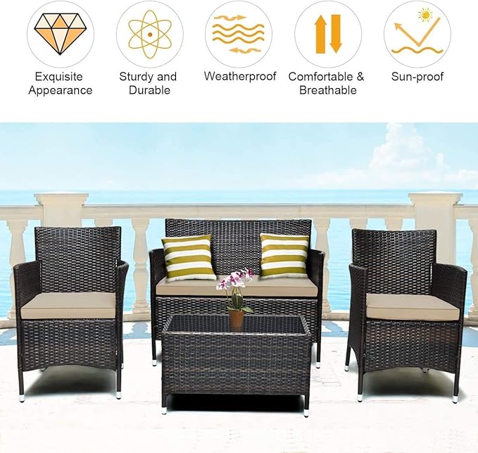 LUARANE 4-Piece Rattan Patio Furniture Set, Outdoor Wicker Sofa Couch Table Set, w/Thick Seat Cushions Tempered Glass Coffee Table, Conversation Set for Lawn Garden Poolside Backyard (Brown) - LeafyLoom