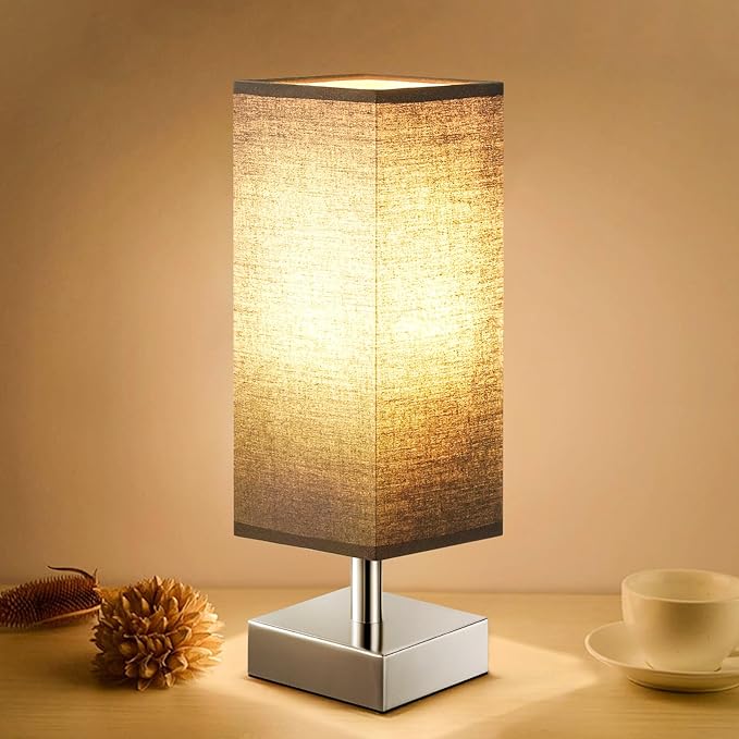 Black Small Table Lamp for Nightstand - Bedside Lamps for Nightstand, Minimalist Bedroom Lamp with Sliver Base, Desk Reading Lamp for Kids Room Living Room Office - LeafyLoom