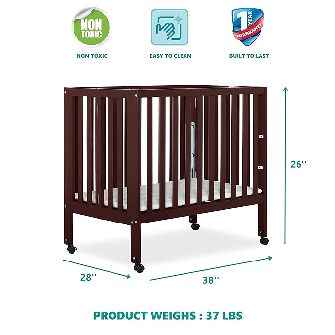 Jett Non-Full Size Folding Convertible Crib, Lightweight Portable Crib, Three Adjustable Mattress Height Settings, Easy to Fold Travel Crib, 1.5” Mattress Pad Included - LeafyLoom