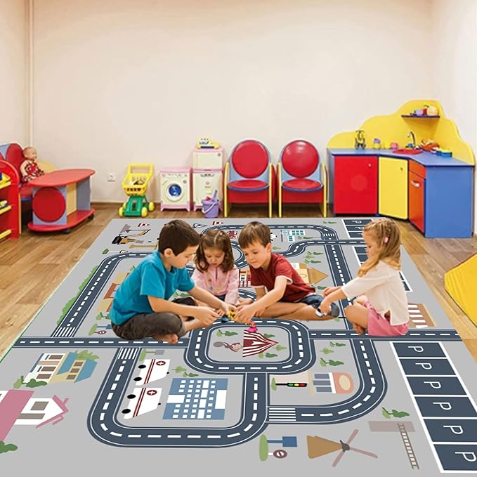 kid rug carpet playmat for toy cars and trains,road traffic kids play area rug,city Life town play Mat for Playroom Bedroom Boys,Children's Educational Fun Throw Rug with Rubber Backing 31X47IN - LeafyLoom