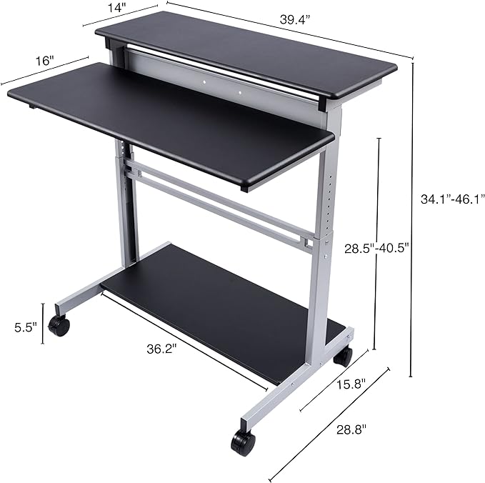 Stand Up Desk Store Rolling Adjustable Height Two Tier Standing Desk Computer Workstation (Silver Frame/Black Top, 40" Wide) - LeafyLoom