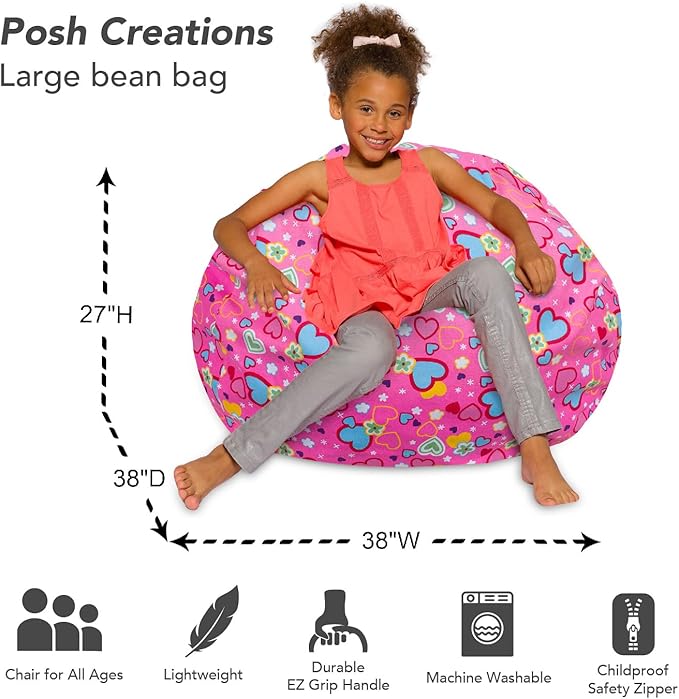 Posh Creations Bean Bag Chair for Kids, Teens, and Adults Includes Removable and Machine Washable Cover, Canvas Multi-Colored Hearts on Pink, 38in - Large - LeafyLoom