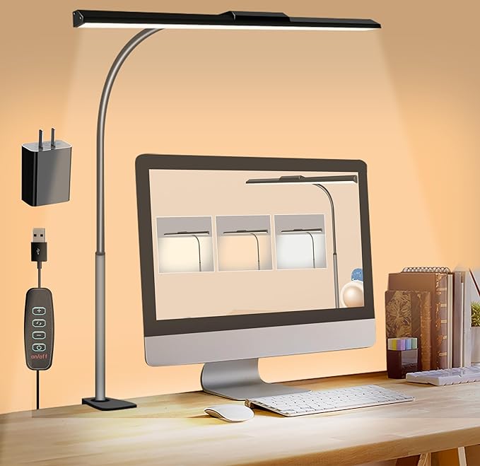 LED Desk Lamps for Home Office Eye-Caring Architect Lamp with Clamp 3 Colors 10 Brightness Adjustable Gooseneck Table Light with Key Control Workbench LED Reading Lamp [with Adatper] - LeafyLoom