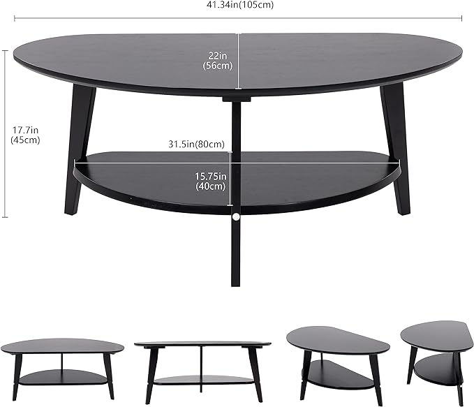 Mid Century Modern Coffee Table with Storage Shelf, Large Oval Coffee Table for Living Room 41.5" W x 22'' D x 18 H 100% Solid Wood Table for House Apt Desktop Thickness 0.8'' Super Sturdy - LeafyLoom