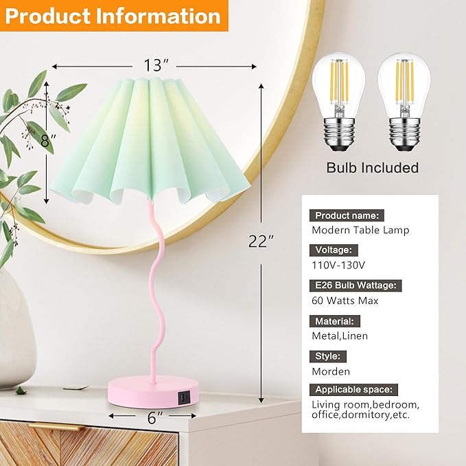 Table Lamp for Bedroom Nightstand Modern Touch Green Pink Lamp Dimmable Lamp for Living Room End Table with USB Port and Outlet - LeafyLoom