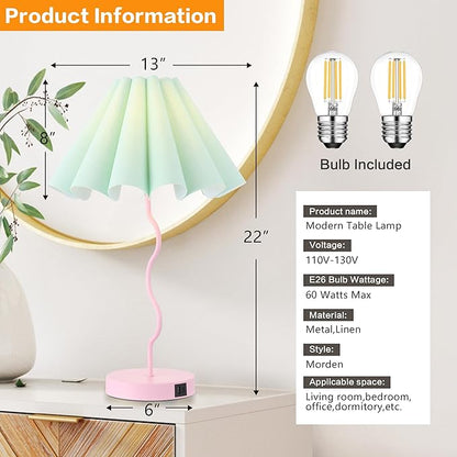 Table Lamp for Bedroom Nightstand Modern Touch Green Pink Lamp Dimmable Lamp for Living Room End Table with USB Port and Outlet - LeafyLoom