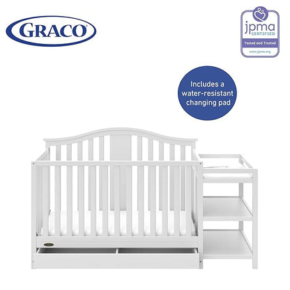 Graco Solano 4-in-1 Convertible Crib and Changer with Drawer (White) – Crib and Changing Table Combo with Drawer, Includes Changing Pad, Converts to Toddler Bed, Daybed and Full-Size Bed - LeafyLoom