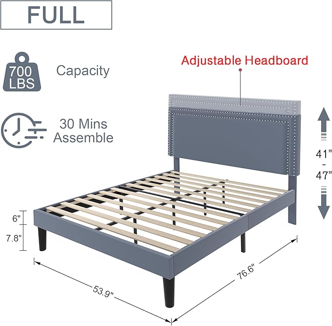 VECELO Full Size Platform Bed Frame with Adjustable Upholstered Headboard, Modern Mattress Foundation,Strong Wood Slat Support, No Box Spring Needed, Easy Assembly - LeafyLoom