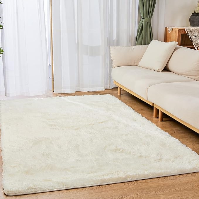 YOBATH Fluffy Large 6x9 Area Rugs for Living Room Bedroom, Soft Fuzzy Big Shaggy Carpet Rugs for Girls Boys Kids Indoor Floor Nursery Home Decor, Cream White - LeafyLoom