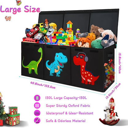 Extra Large Toy Box, Collapsible Sturdy Toy Storage Organizer with Lids, Dinosaur Toy Box for Boys Girls, 41"x14"x16" Kids Toy Chest Bin Box Baskets for Living Room, Playroom, Bedroom, Nursery, Black - LeafyLoom