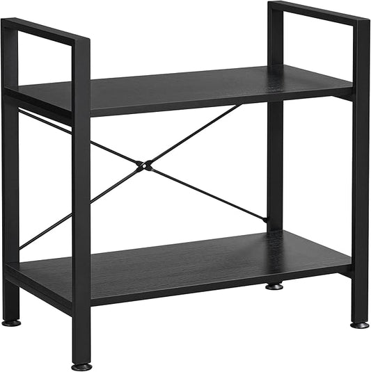 BEWISHOME 2 Tier Small Bookshelf, Black Industrial 2 Shelf Wooden Storage Bookcase with Metal Frame, Mini Shoe Rack with Short Shelves for Hallway, Bedroom, Living Room and Home Office JCJ52B - LeafyLoom