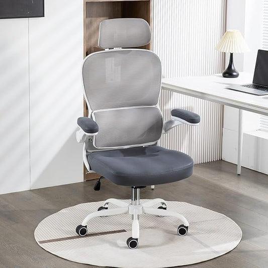 Home Office Chair High Back Computer Desk Chair Ergonomic Task Chair Executive Chair with Lumbar Support Recliner Chair with Adjustable Headrest,Flip-up Armrests (White/Gray with Meatl Base) - LeafyLoom