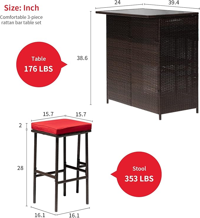 FDW Outdoor Furniture Set Wicker Bistro Set 3PCS Patio Bar Set with Two Stools for Patio Backyard Balcony,Red Cushion - LeafyLoom