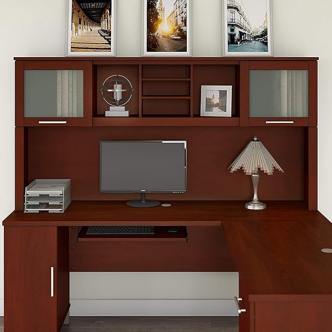 Bush Furniture Somerset 72W Desk Hutch in Hansen Cherry, Attachment with Shelves and Cabinets for Home Office - LeafyLoom