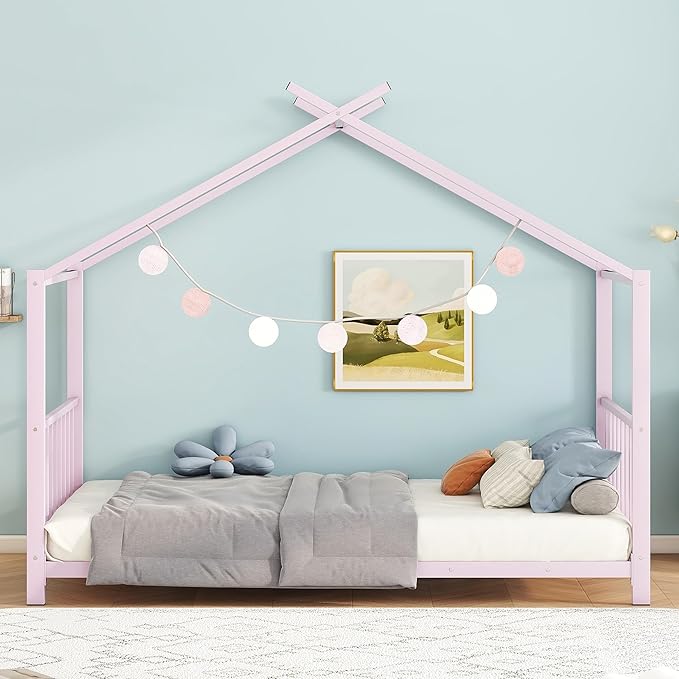 Twin Size Kids Montessori Floor Bed,House Bed Frame with High Headboard,Twin Floor Bed with Roof for Boys Girls,Floor Bed Metal Frame (Pink) - LeafyLoom