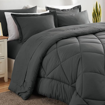 CozyLux Queen Bed in a Bag 7-Pieces Comforter Sets with Comforter and Sheets Dark Grey All Season Bedding Sets with Comforter, Pillow Shams, Flat Sheet, Fitted Sheet and Pillowcases - LeafyLoom