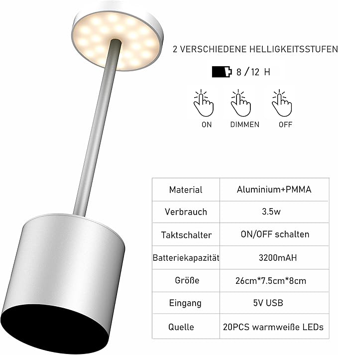 CYOIDAI LED Table Lamp, 2 Pack Rechargeable Battery with Cordless Desk Lamps 3 Lighting Modes Dimmable Light 5000 mAh, for Restaurant, Terrace, Outdoor (Silver) - LeafyLoom