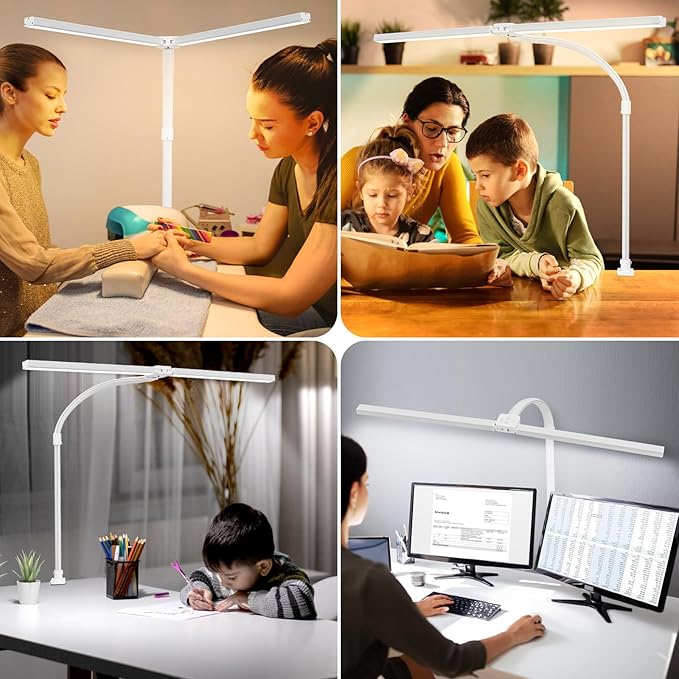 Double Head LED Desk Lamp with Anti-Glare Cover Computer Desk Lamp for Home Office 24W Brightest Desk Light Office Lamp for Workbench Drafting Architect with Clamp and Base - LeafyLoom