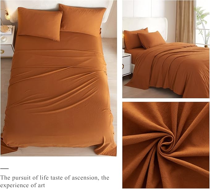 Caramel Pumpkin Sheets for Queen Size Bed,4 Piece Cooling Sheets Queen Deep Pocket up to 16 Inch,Solid Rust Bedding Sheets & Pillowcases Set,Wrinkle,Fade,Stain Resistant - 4 Piece(Queen,Pumpkin) - LeafyLoom