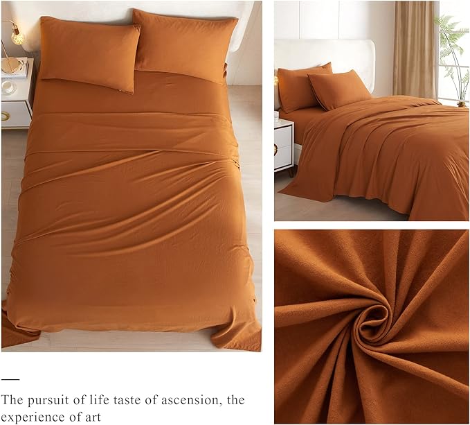 HighBuy Caramel Pumpkin Sheets for Twin Size Bed,4 Piece Cooling Sheets Twin Deep Pocket up to 16 Inch,Solid Rust Bedding Sheets & Pillowcases Set,Wrinkle,Fade,Stain Resistant - 3 Piece(Twin,Pumpkin) - LeafyLoom