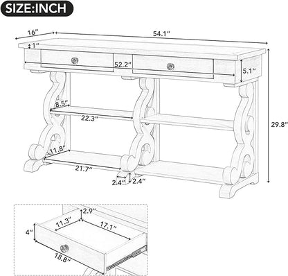 Retro Console Table with Ample Storage,Wood Sideboard Frame,W/Open Adjustable Shelves and 2 Drawers,Buffet Cabinet for Entrance Dinning Living Room,Antique White, 54.1" - LeafyLoom