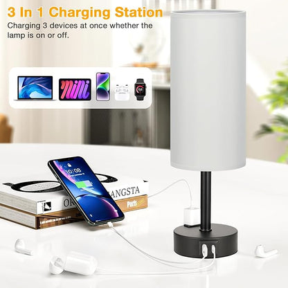 Grey Touch Table Lamps Set of 2-3 Way Dimmable Bedroom Lamps for Bedside with USB C and A Ports, Small Nightstand Lamps with AC Outlet, Desk Lamps with Black Base for Office Boys - LeafyLoom